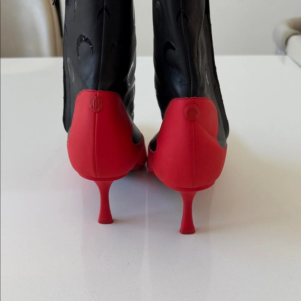 Jimmy Choo x Marine Serre Black and Red Pointed Leather Ankle Boots